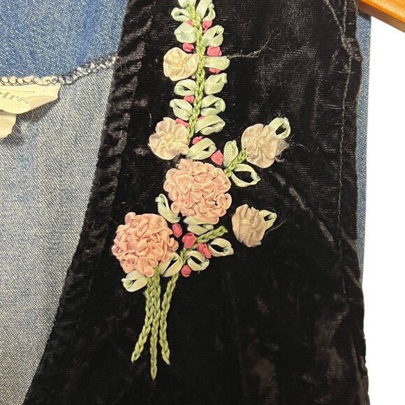 Vintage Boho Whimsigoth Velvet Rosette Granola Nature Denim Vest Whimsical Large - Picture 3 of 10